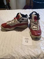 Pair of used Air Jordan 12 Two3 sneakers, size 12, side view showing wear and details of design.