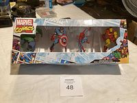 Front view of Marvel Comics glass set in original box showing the four glasses featuring Captain America, Spider-Man, Iron Man, and Hulk.