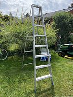 Full view of the 8 foot aluminum folding ladder set up outdoors on grass, showing the A-frame and attached tray.