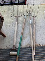 Four pitch forks lying on concrete, showing wooden handles and straight metal tines with rust.