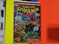 Front cover photo of The Amazing Spider-Man comic book issue #132 from May 1974, showing the Molten Man attacking a man with Spider-Man in the background.