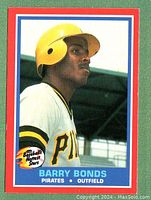 Front side of Barry Bonds rookie baseball card from 1987 Fleer Hottest Stars series showing player preparing to bat in Pittsburgh Pirates helmet and jersey.