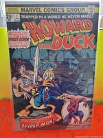 Front cover of Howard the Duck #1 comic book from January 1976 by Marvel Comics. Shows character Howard the Duck holding a sword with a frightened woman and Spider-Man inset.