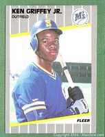 Front of 1989 Fleer Ken Griffey Jr. rookie baseball card showing player portrait in Mariners uniform and card details.