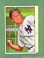 Front of 1952 Bowman baseball card featuring Tom Morgan in New York Yankees uniform pitching.