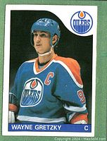 Front of the 1985 O-Pee-Chee Wayne Gretzky hockey card showing player image and team logo.