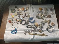 Overall view of assortment laid on white cloth showing various pins, bracelets, brooches, and rings spread out