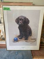 Framed print of black spaniel puppy titled 'Late for School Daze' by James Killen, with green size label 24.13" x 16.19"