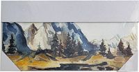 Photo of a smaller canvas in white original wrapping with abstract mountain landscape visible, showing condition and packaging.
