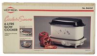 Retail box showing Westbend Cook n Serve 6 Litre slow cooker with oblong shape, base doubles as non-stick mini griddle and cover becomes serving dish.