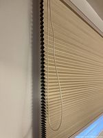 Close-up photo of a beige pleated fabric window shade with black side edges and a pull cord hanging on the left side, showing the texture and details of the material and mechanism.