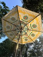 Photo taken looking up at the umbrella canopy fully opened showing bright, colorful floral canvas with a vented design and octagonal wood frame.