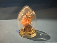 Front-right angled view of preserved peach rose and smaller flowers under clear rounded dome with gold base.