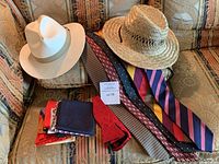 Two summer hats, six silk ties, and four silk pocket squares displayed on floral patterned couch