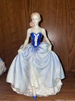Front and side view of Royal Doulton "Susan" figurine in a blue corset and white-blue ball gown, showing details and condition.