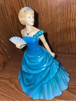 Front angled view showing the detailed face, blue dress, and white fan held in right hand.