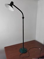 Full view of floor lamp showing green base, tall pole, and flexible neck with black shade.