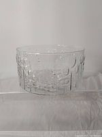 Front side view of clear Flora glass bowl showing raised floral and bubble design.