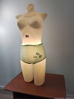 Front view of white plastic female torso mannequin lamp with green underwear on wood table