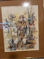 Full frontal view of framed abstract artwork of a woman playing flute with brown frame and mat.