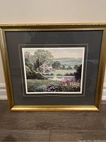 Front view of framed Morning Mist print showing cottage, pond and landscape scene with gold frame.
