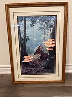 Full view of framed limited edition print showing a deer in forest with fungi and trees