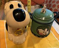 Large barking dog treat jar with tag reading 'Dog Treat Jar'