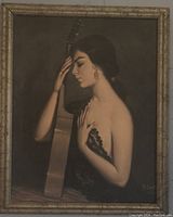 Full front photo of the framed painting, showing the Flamenco lady and guitar with ornate frame.