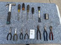 Photo showing 14 hand tools placed on a blue protective blanket on the ground including hammer, screwdrivers, pliers, a pry bar, and a multi-tool.