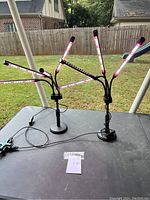 Pair of LED grow lights placed on a black table outside with grass and fenced yard in the background, showing their bases and extended arms with illuminated LED strips.