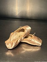 Pair of pink satin ballet pointe shoes with black initials KK on the toes, arranged with one shoe leaning on the other on a reflective surface.