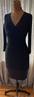 Front view of black crossover dress with silver flecks on a dress form. V-neckline and long sleeves shown.