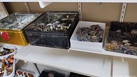 Photo showing multiple containers with assorted costume jewelry including brooches, necklaces, and loose beads