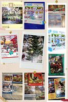 Collage of puzzle box fronts and tops showing various image themes and piece counts from 500 to 2000 pieces, including rare discontinued titles like Nikki Boehm and Old MacDonald