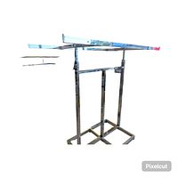 Front perspective showing the chrome metal H rack structure, adjustable height vertical bars, and horizontal hanging bars.