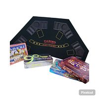 Overview of black felt poker table with printed casino dealer markings and holders for cards and chips. Included are three game boxes: Rummoli, Trivial Pursuit 90s edition, and Trivial Pursuit Last Chance DVD edition.