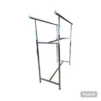 Full view of the chrome-finished adjustable metal H-frame garment rack showing the two horizontal hanging rods and open bottom design.