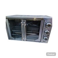 Front view of Oster countertop convection oven with dual French doors, control knobs, and stainless steel handles.