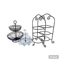 Four metal display stands: two black 3-tier stands, one black 2-tier basket stand with handle, and one silver swirl cupcake holder.