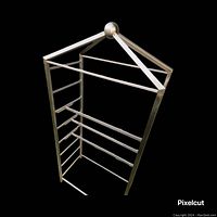 Full view of the garment rack against black background showing its geometric metal frame design and three horizontal bars on each side for holding items.