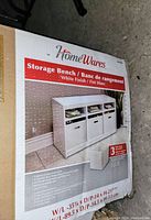 Box packaging showing HomeWares Storage Bench product image, branding, and dimensions.