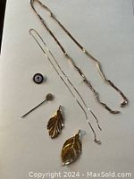 Full lot including two necklaces, a round pin, a stick pin with pearl, and two leaf-shaped pendants on white background