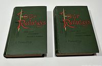 Pair of green hardcover books with title Our Railways on cover and author J. Pendleton with decorative and gilt detailing on front covers.