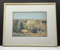 Full front view of the framed watercolor painting showing a rural landscape with two buildings and trees.