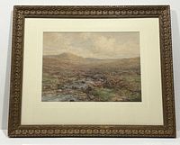 Full view of framed watercolor showing landscape scene, mat and ornate frame