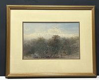 Framed watercolour landscape showing misty trees and cloudy sky, well preserved in gold-tone frame with cream mat.