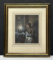 Full-view of framed painting against dark background