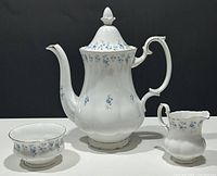 Full set view of coffee pot with lid, creamer, and sugar bowl showing blue floral pattern and gold accents on white china.