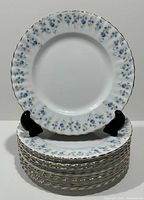 Stacked and single vintage Royal Albert Memory Lane luncheon plates showing floral pattern and gold trim edge.