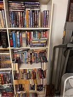 Overview of multiple shelves filled with a large variety of science fiction and fantasy books, showing spines and titles.